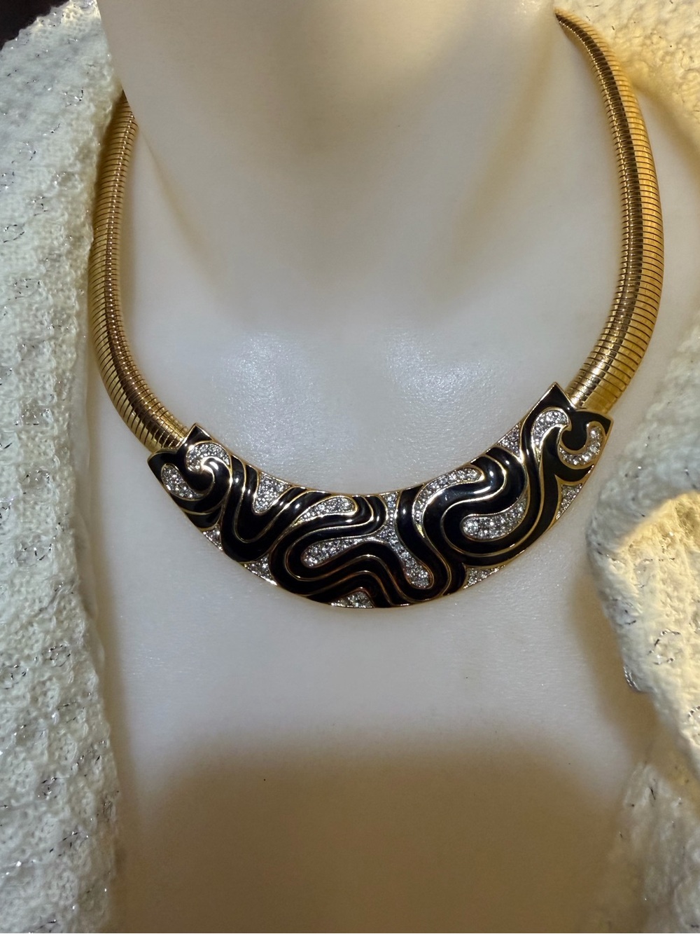 Vintage Trifari Omega Gold-Tone Black Enamel Necklace with Clear Crystal Accents
